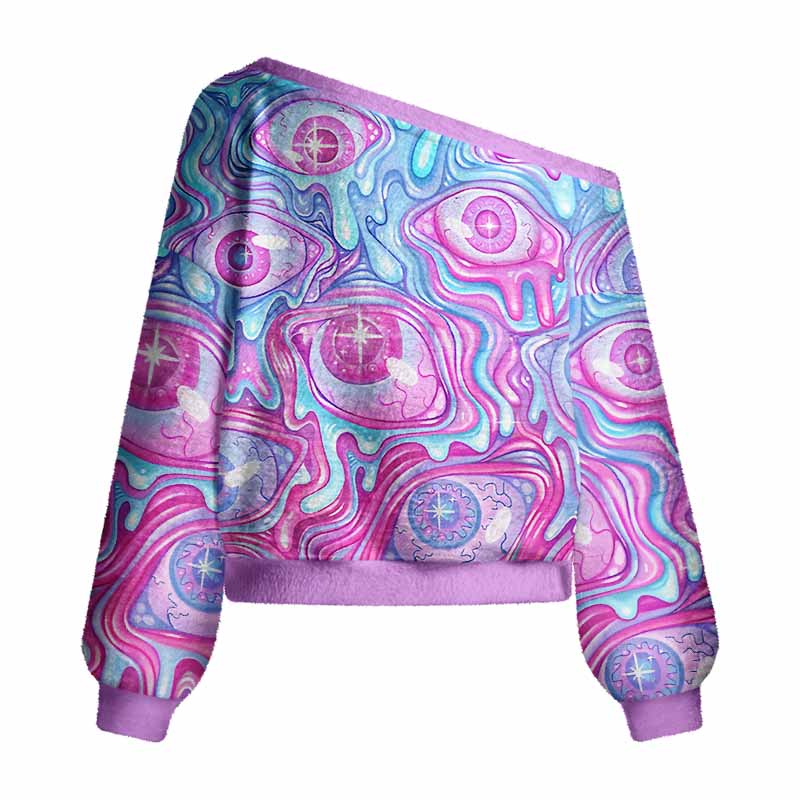 Soulisfree Pastel Flow Ocular Fuzzy Off-Shoulder Sweater