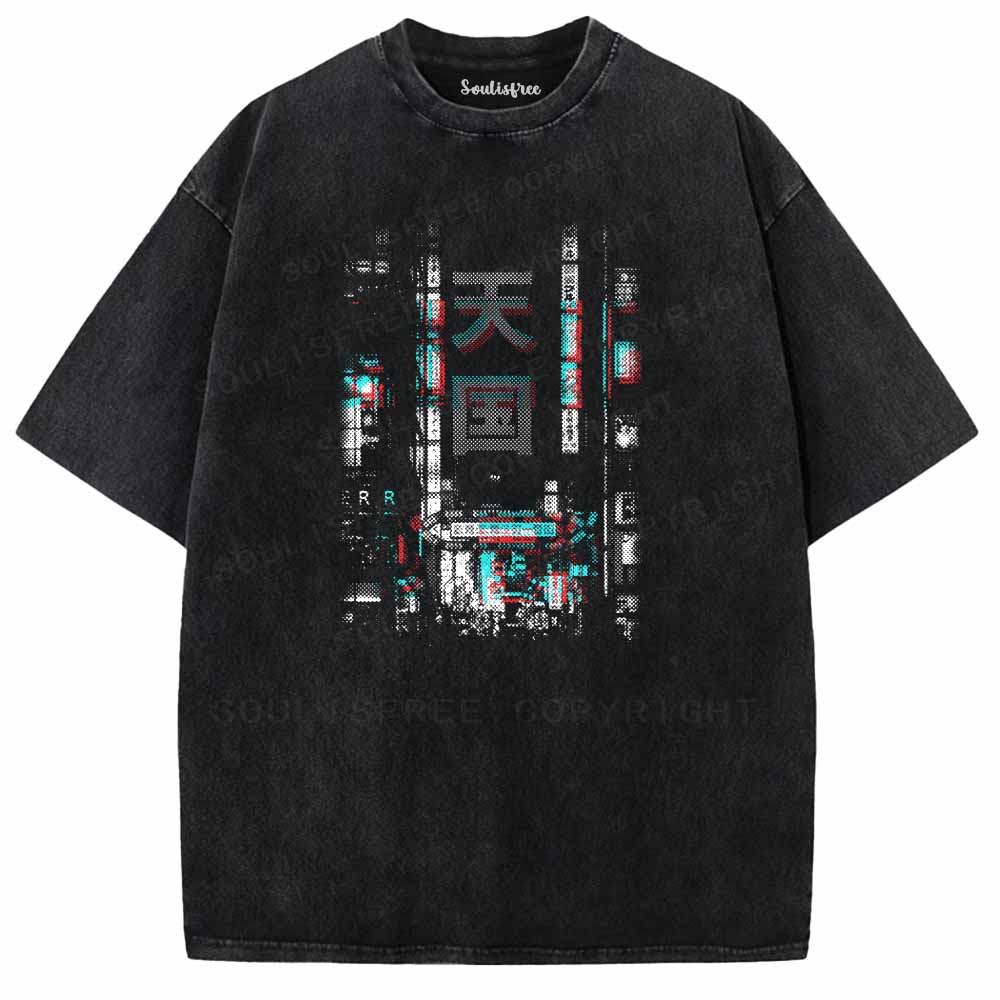 Soulisfree GLITCH ANAGLYPH ORIENTAL NEON STREET Washed Tee
