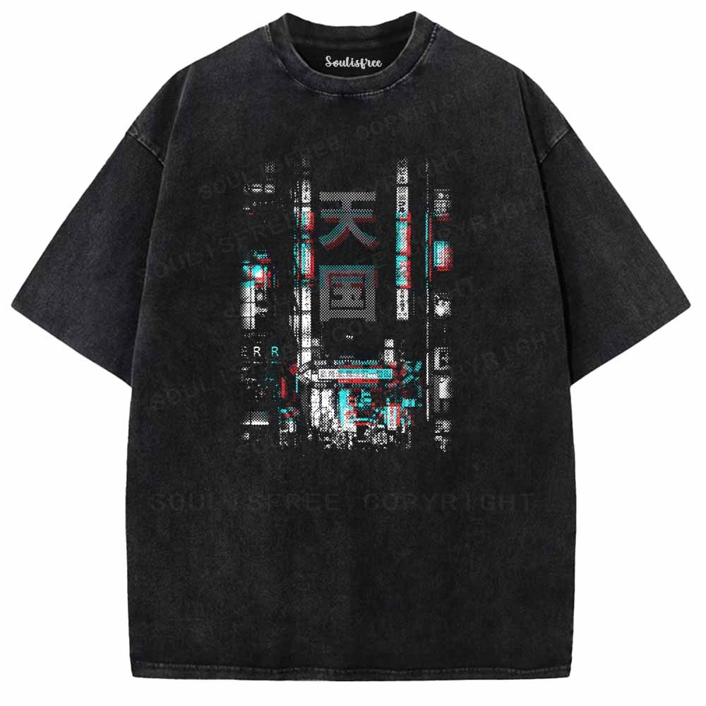 Soulisfree GLITCH ANAGLYPH ORIENTAL NEON STREET Washed Tee