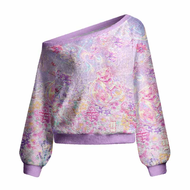 Soulisfree Iridescent Floral Fantasy Fuzzy Off-Shoulder Sweater