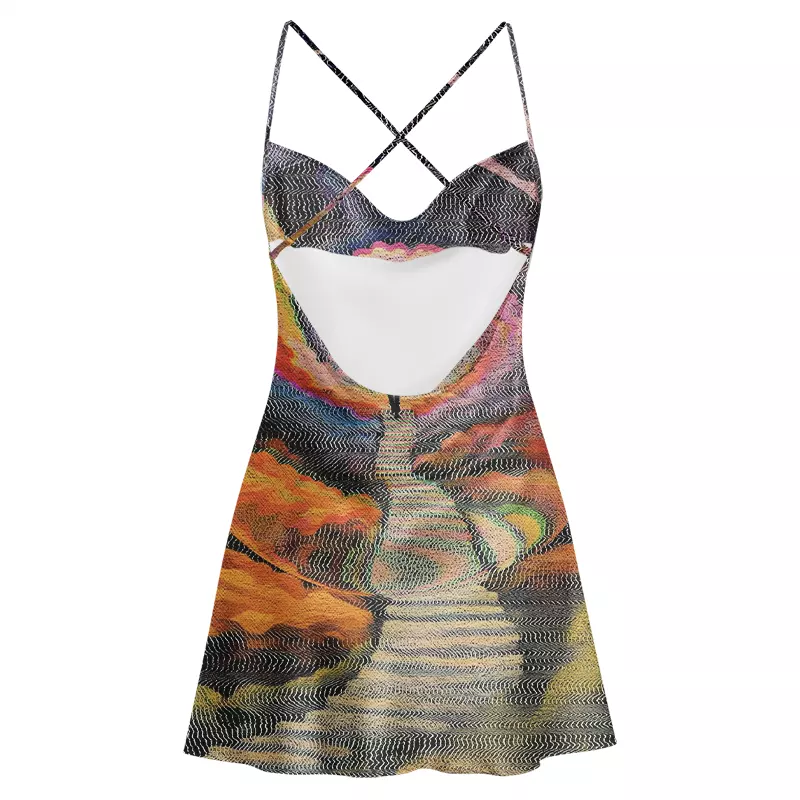 Soulisfree Chromatic Wave Abstraction Cowl Neck Satin Mini Dress