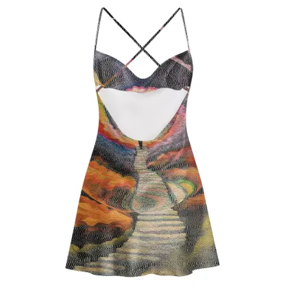 Soulisfree Chromatic Wave Abstraction Cowl Neck Satin Mini Dress