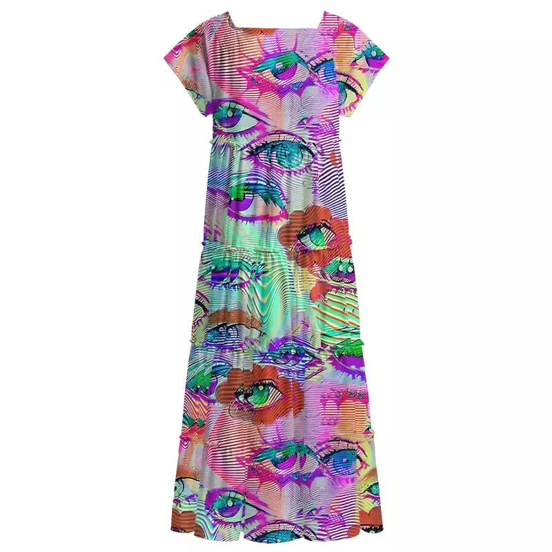 Soulisfree Multicolor Hologram Illusion Square Neck Maxi Dress