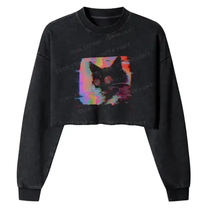 Glitch Cat Washed Cropped Sweatshirt