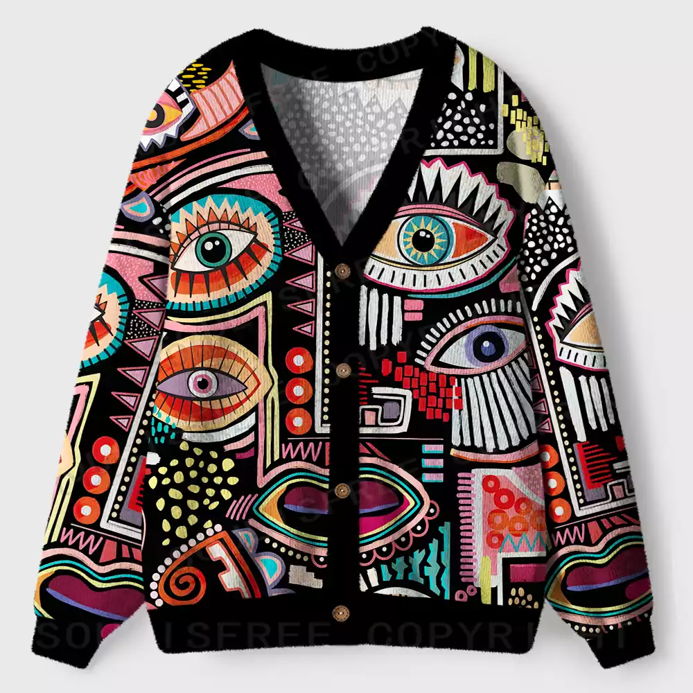Vibrant Multi-Eye Abstract Art Ugly Cardigan Sweaters