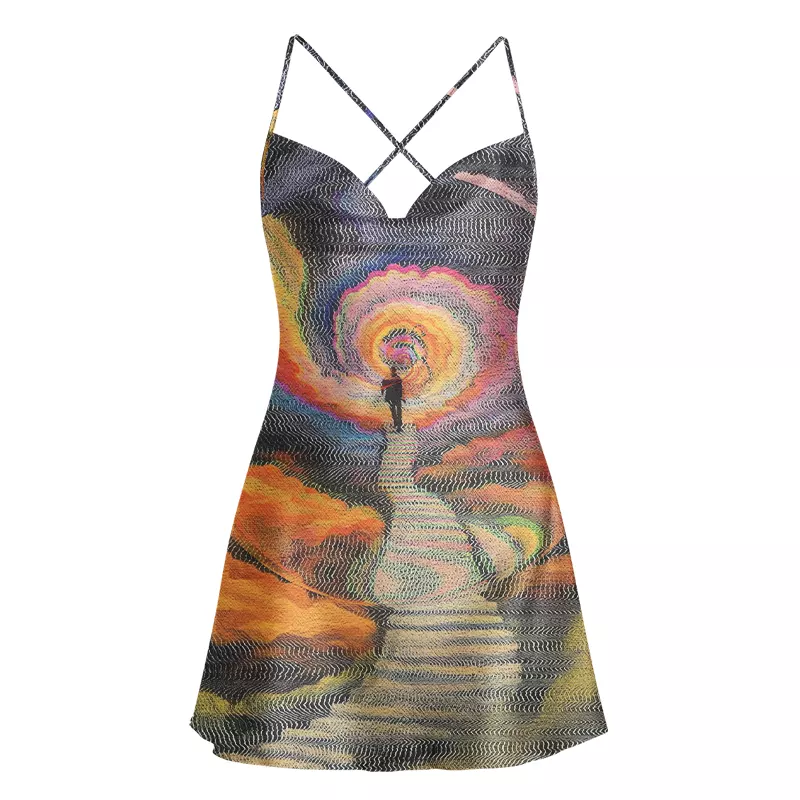 Soulisfree Chromatic Wave Abstraction Cowl Neck Satin Mini Dress