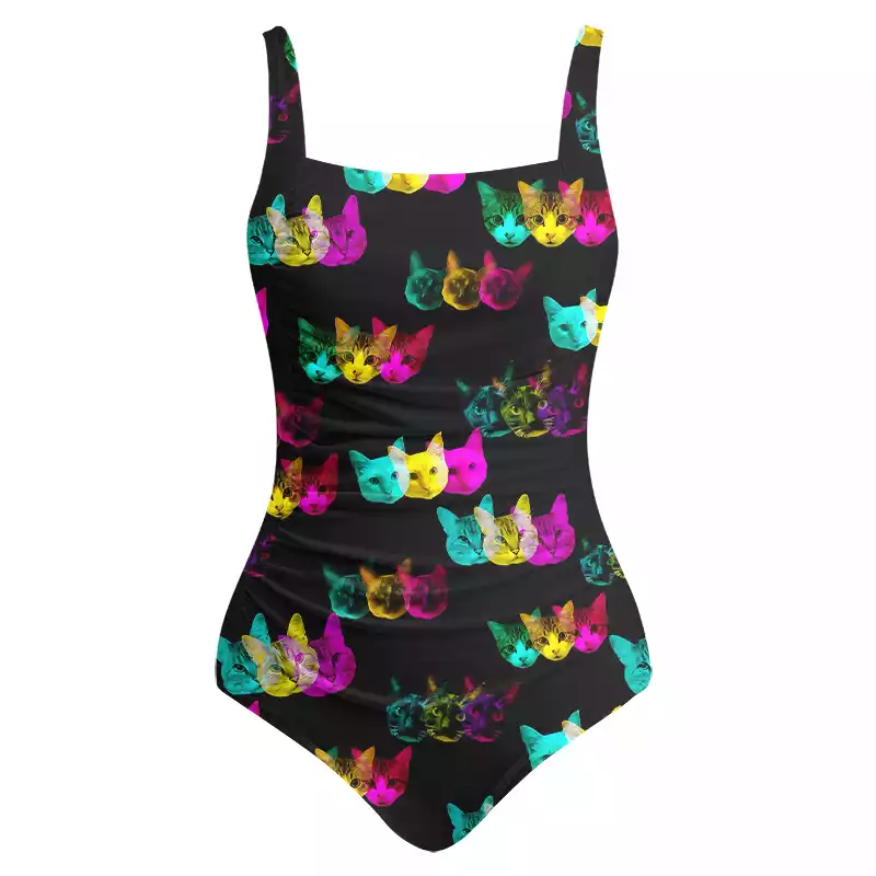 Soulisfree Glitch Art Neon Cat  One‑Piece Swimsuit