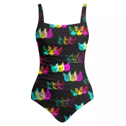 Soulisfree Glitch Art Neon Cat  One‑Piece Swimsuit