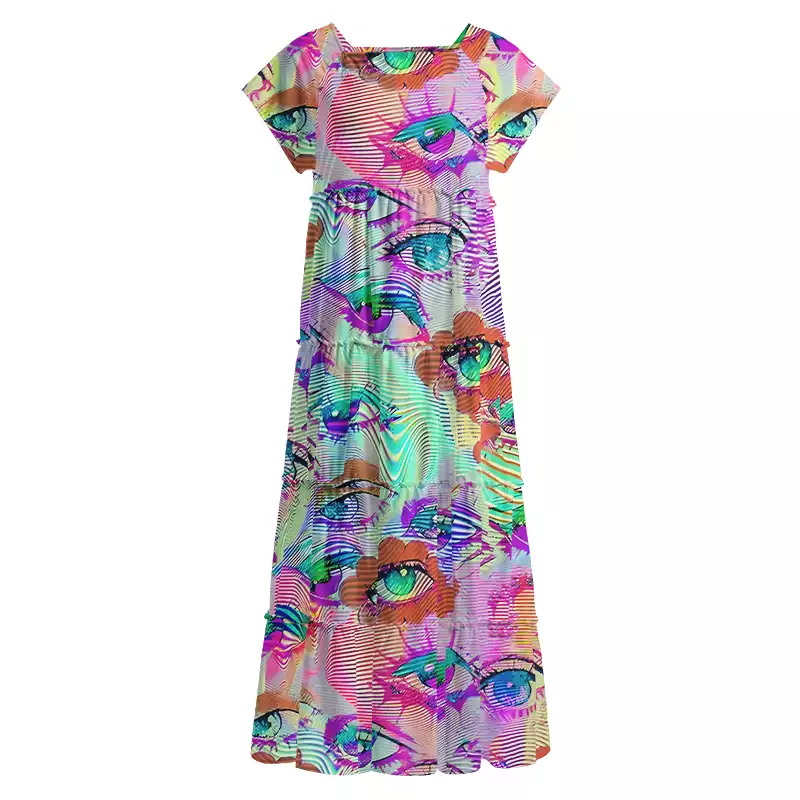 Soulisfree Multicolor Hologram Illusion Square Neck Maxi Dress