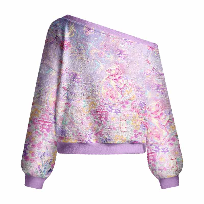 Soulisfree Iridescent Floral Fantasy Fuzzy Off-Shoulder Sweater
