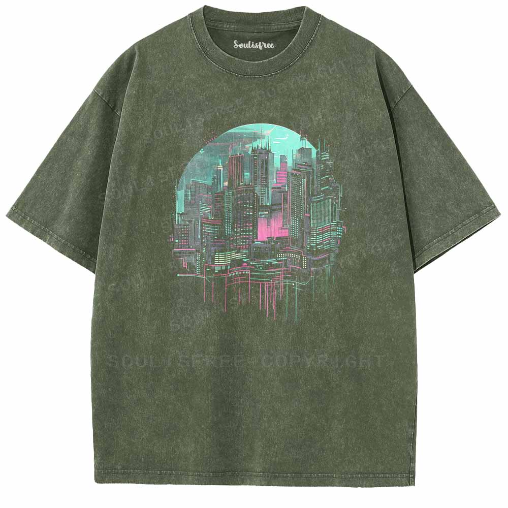 Soulisfree Floating Glitch Neon Towers Washed Tee