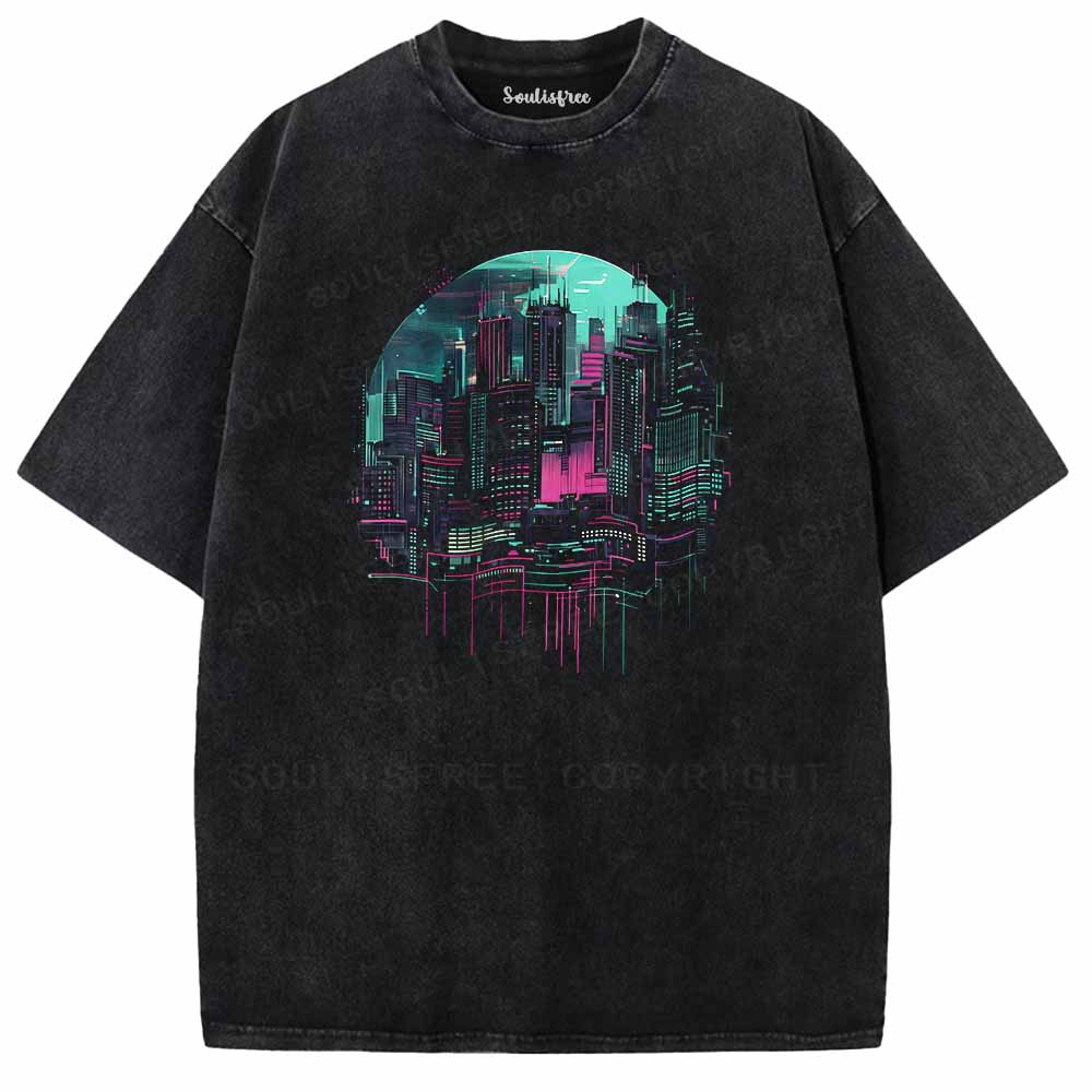 Soulisfree Floating Glitch Neon Towers Washed Tee