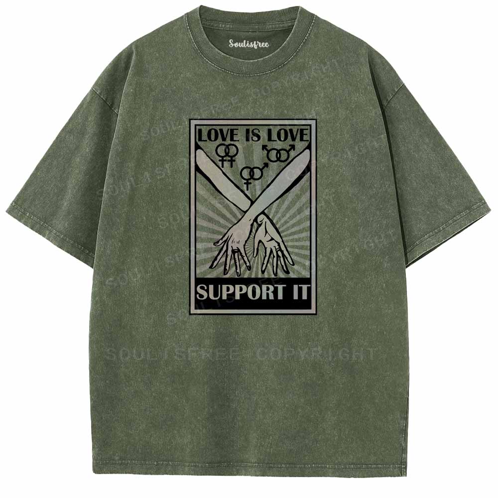 Soulisfree Love Is Love Support It Interlocked Hands  Washed Tee