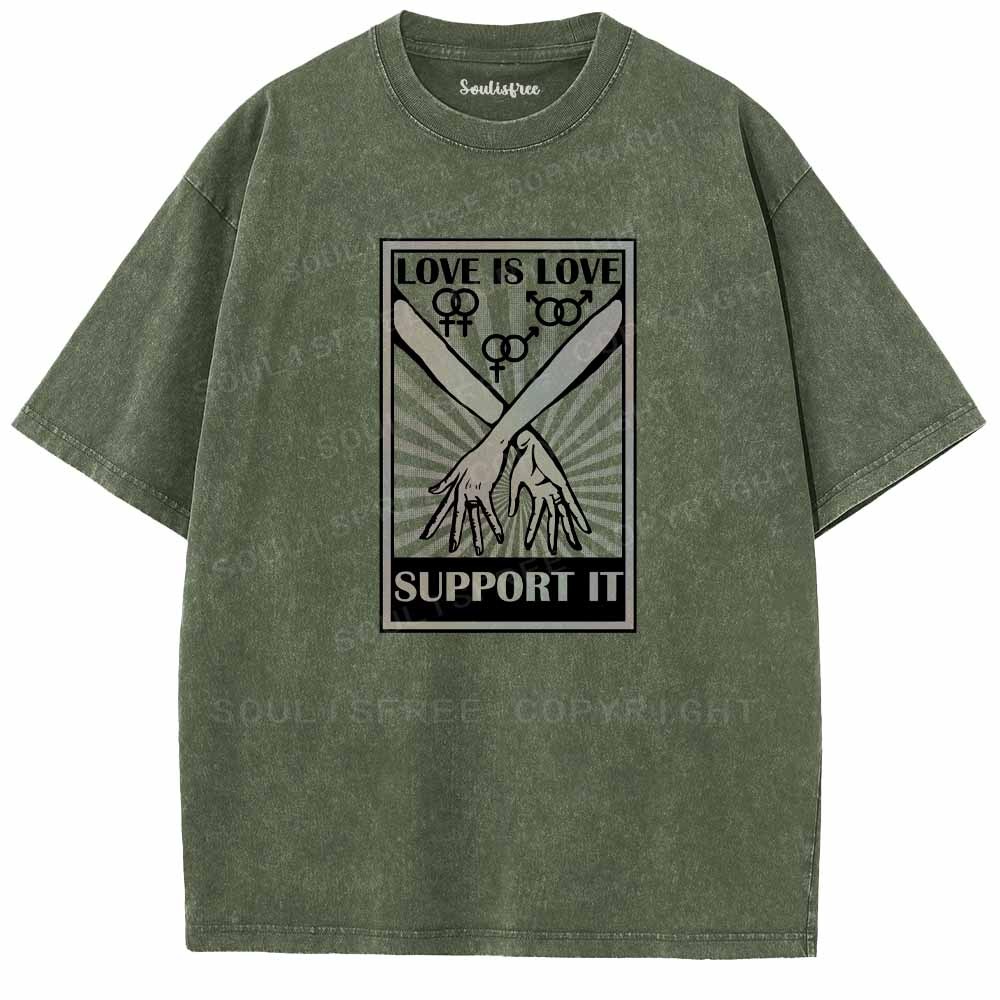 Soulisfree Love Is Love Support It Interlocked Hands  Washed Tee