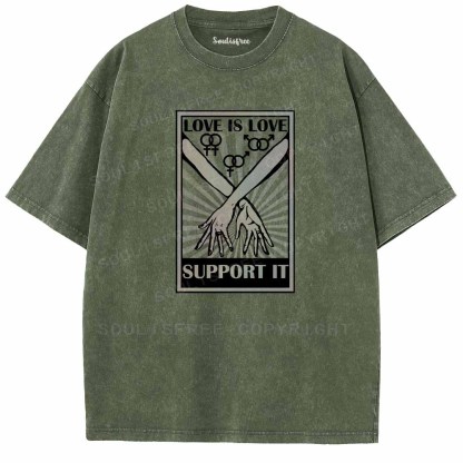 Soulisfree Love Is Love Support It Interlocked Hands  Washed Tee