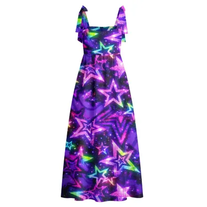 Soulisfree Neon Galaxy Star Maxi Dress – Bow Strap