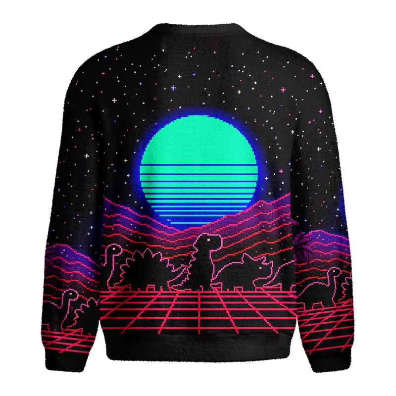 Soulisfree Retrowave Pixel Dinosaur Neon Sunset Fuzzy Crewneck Sweater