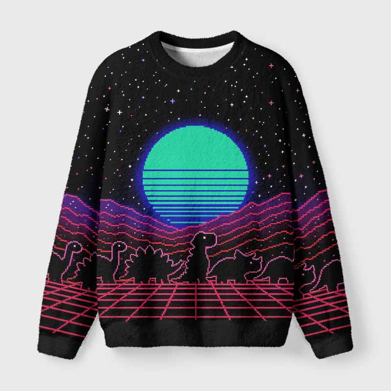Soulisfree Retrowave Pixel Dinosaur Neon Sunset Fuzzy Crewneck Sweater
