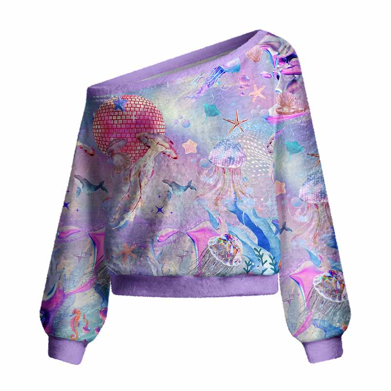 Soulisfree Pastel Underwater Fantasy Jellyfish Fuzzy Off-Shoulder Sweater