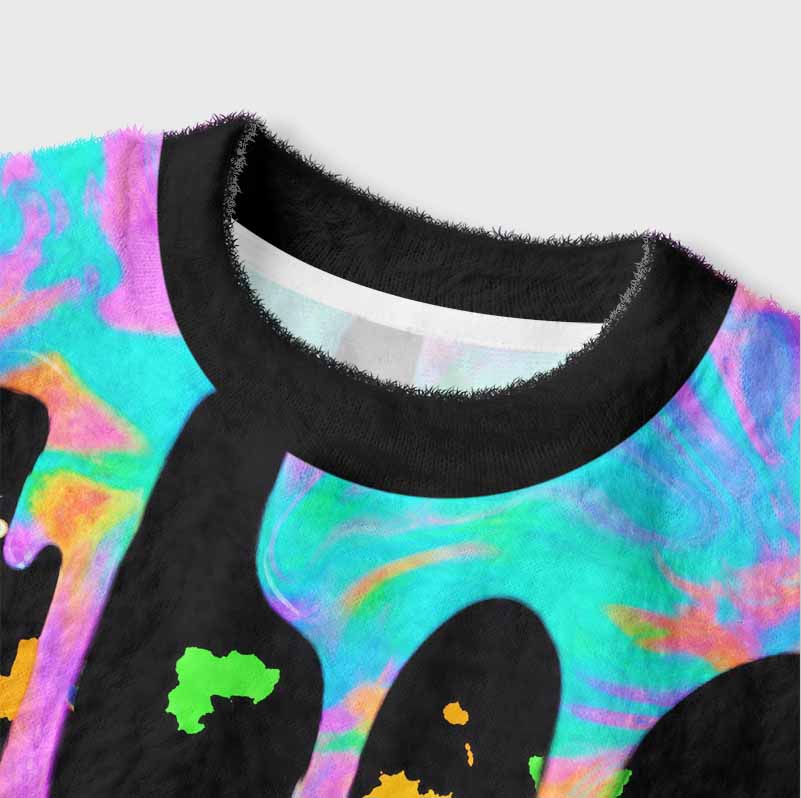Soulisfree Neon Drip Galaxy with Floating Handprints Women's Fuzzy Crewneck Sweater