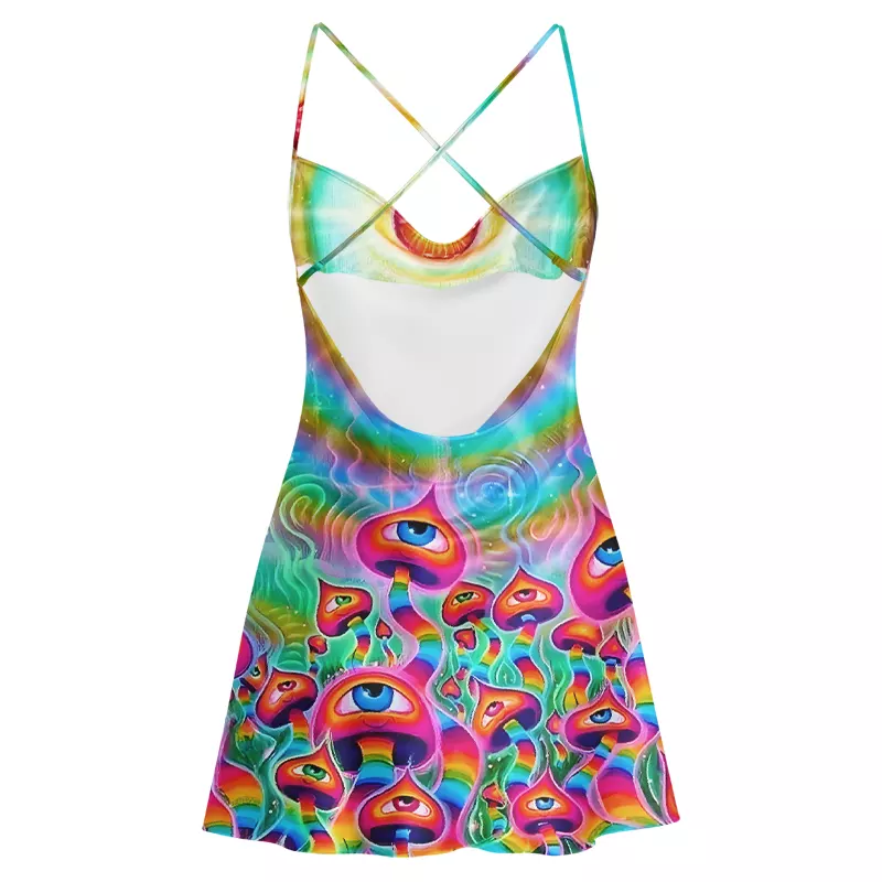 Soulisfree Psychedelic Eye Mushroom Cowl Neck Satin Mini Dress