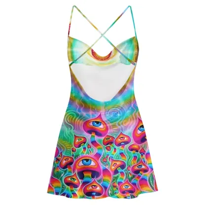 Soulisfree Psychedelic Eye Mushroom Cowl Neck Satin Mini Dress