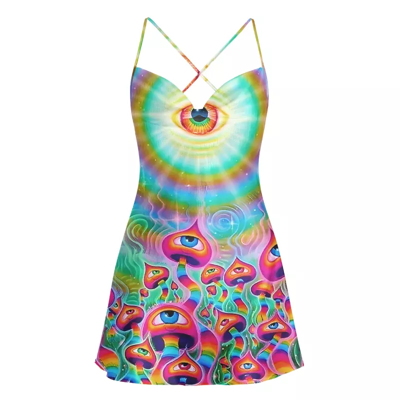 Soulisfree Psychedelic Eye Mushroom Cowl Neck Satin Mini Dress
