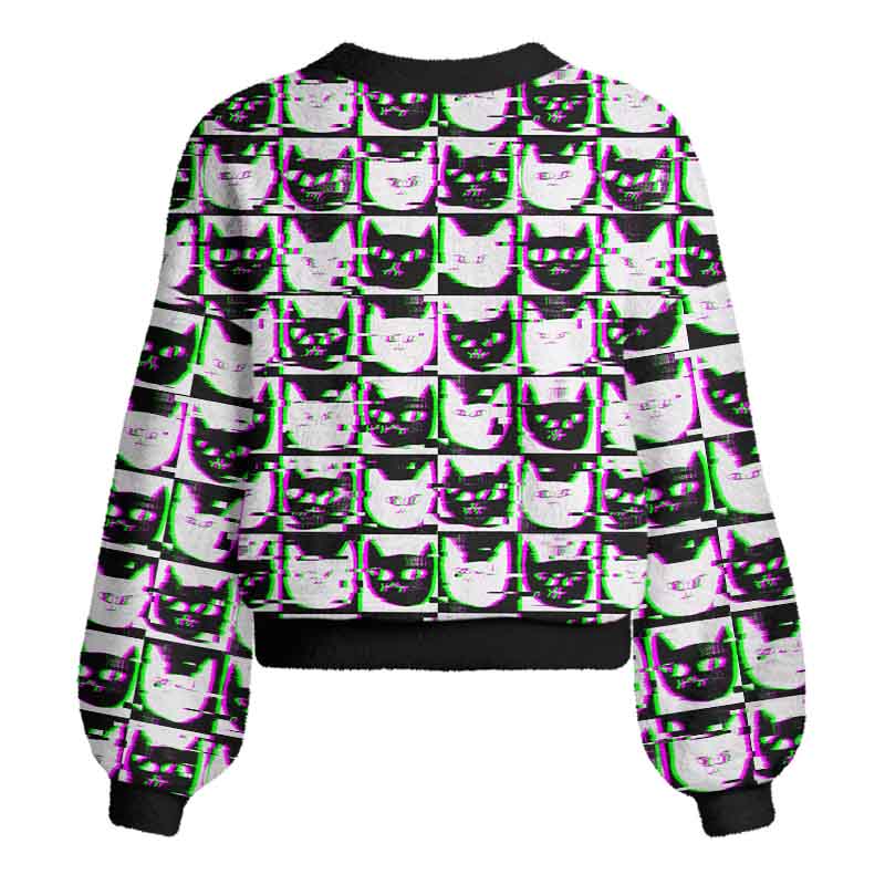 Soulisfree  Neon Glitch Cat  Women's Fuzzy Cardigan Sweater