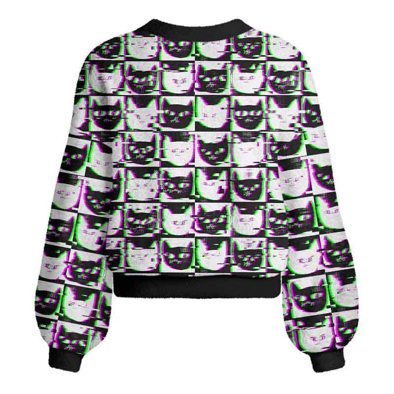 Soulisfree  Neon Glitch Cat  Women's Fuzzy Cardigan Sweater