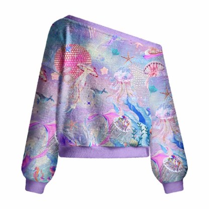 Soulisfree Pastel Underwater Fantasy Jellyfish Fuzzy Off-Shoulder Sweater