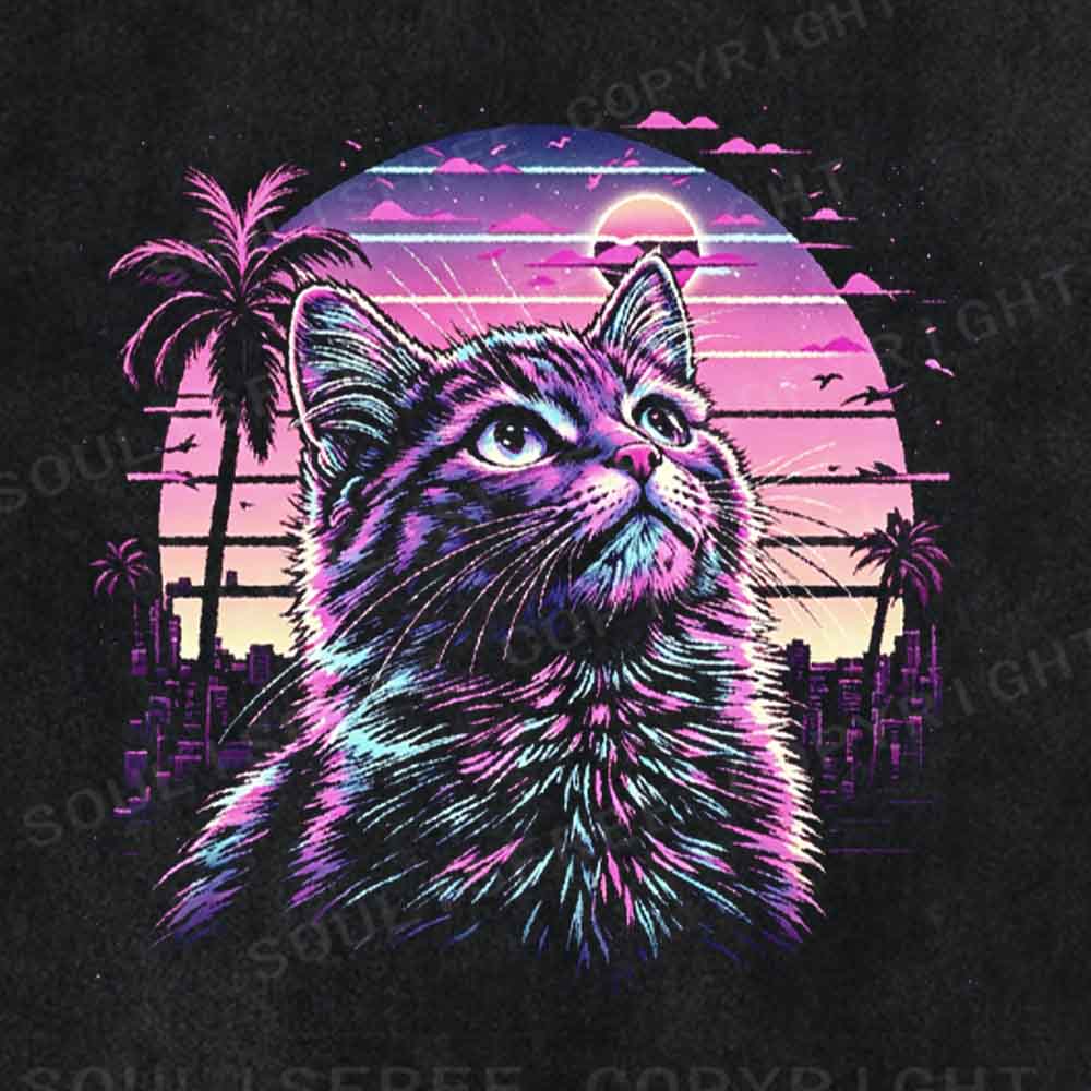Soulisfree Vaporwave Neon Cat Washed Tee