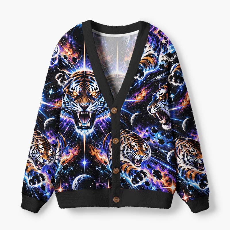 Soulisfree Cosmic Tiger Fuzzy Cardigan Sweater