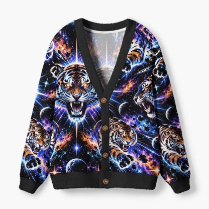 Soulisfree Cosmic Tiger Fuzzy Cardigan Sweater