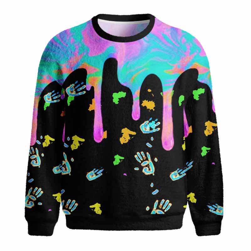 Soulisfree Neon Drip Galaxy with Floating Handprints Fuzzy Crewneck Sweater