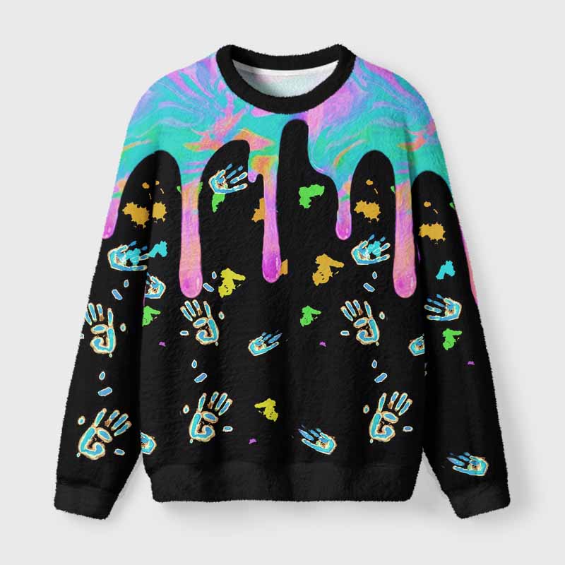 Soulisfree Neon Drip Galaxy with Floating Handprints Fuzzy Crewneck Sweater