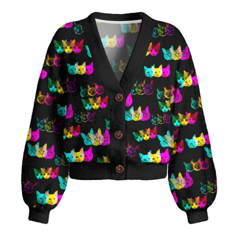 Soulisfree Glitch Art Neon Cat Women's Fuzzy Cardigan Sweater