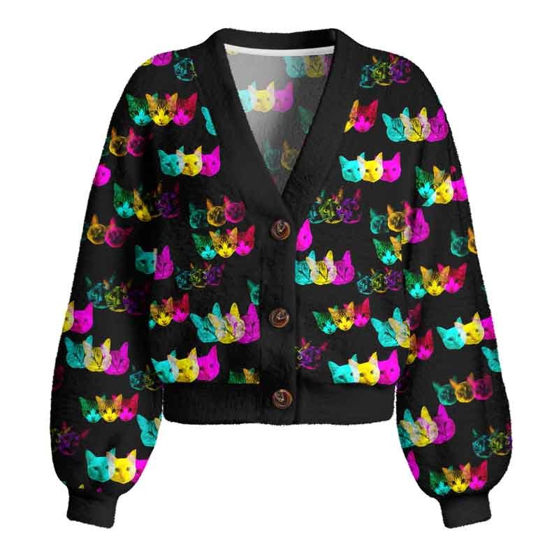 Soulisfree Glitch Art Neon Cat Women's Fuzzy Cardigan Sweater