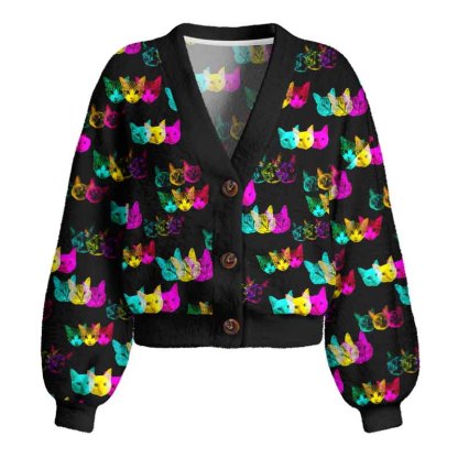 Soulisfree Glitch Art Neon Cat Women's Fuzzy Cardigan Sweater