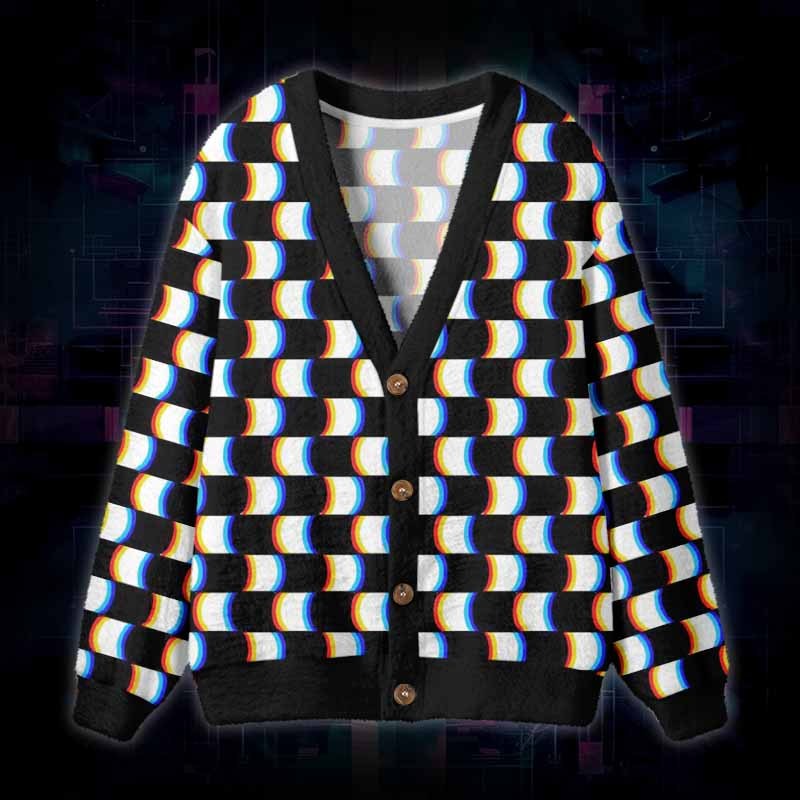 Soulisfree Optical Glitch Fuzzy Cardigan Sweater
