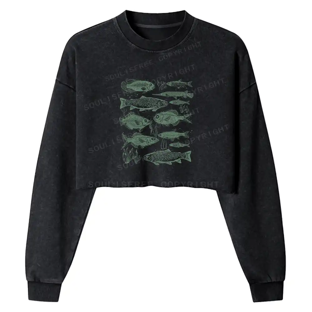 Retro Fish Washed Cropped Sweatshirt