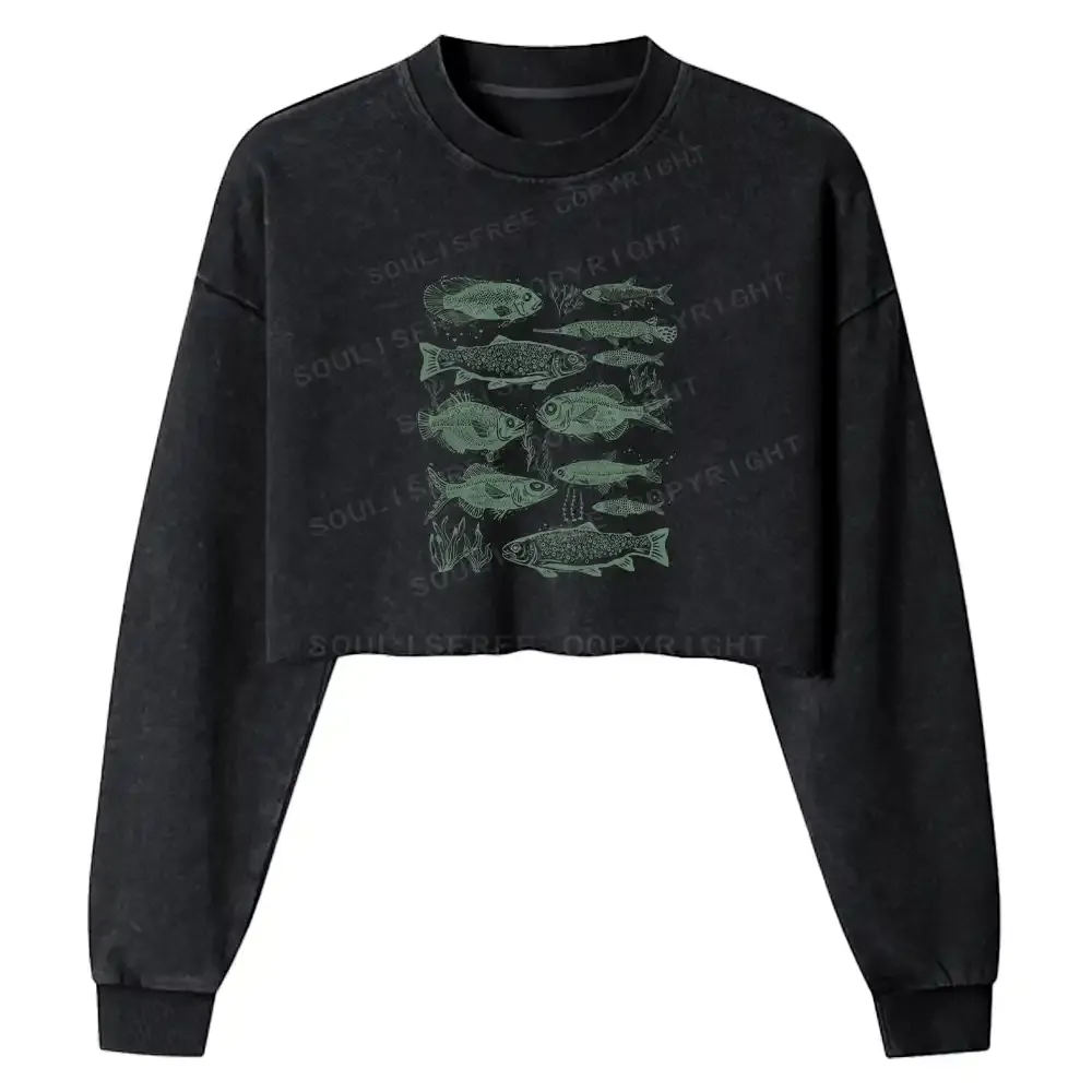 Retro Fish Washed Cropped Sweatshirt