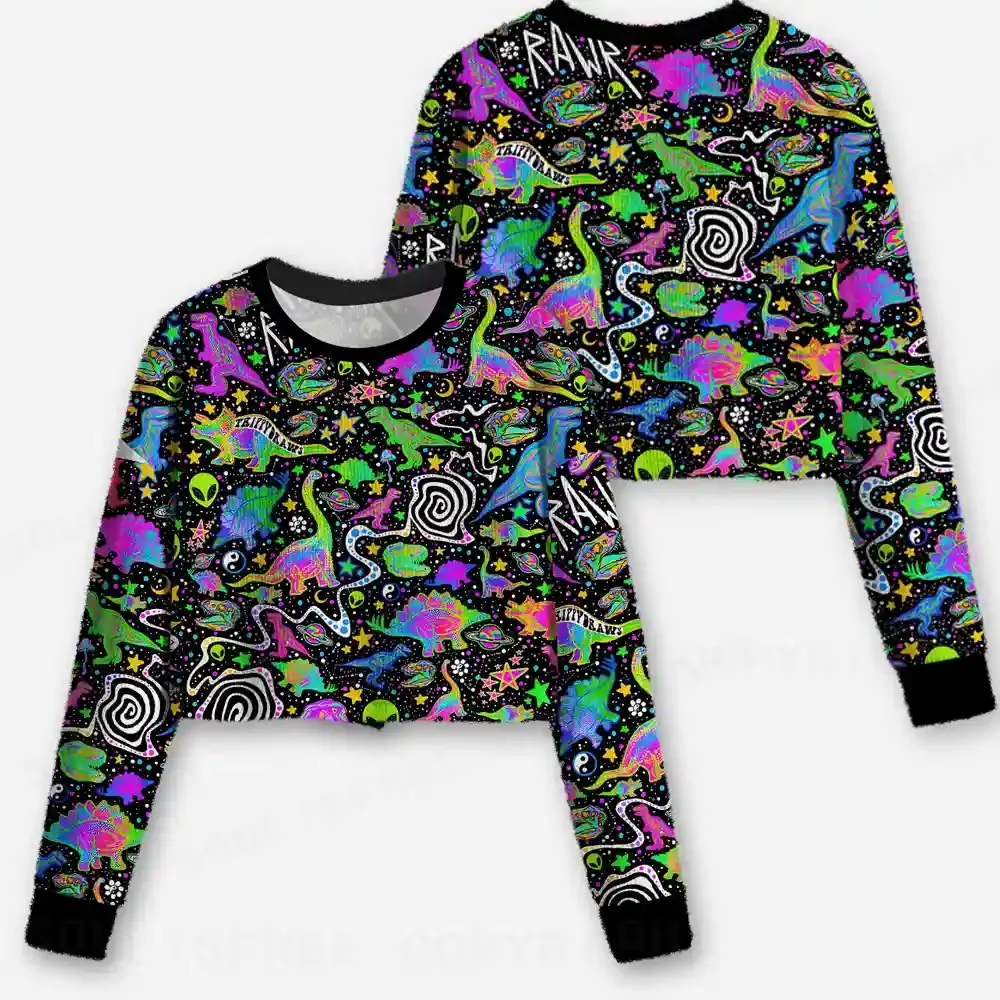 Cosmic Dino Trip Cropped Ugly Christmas Sweater