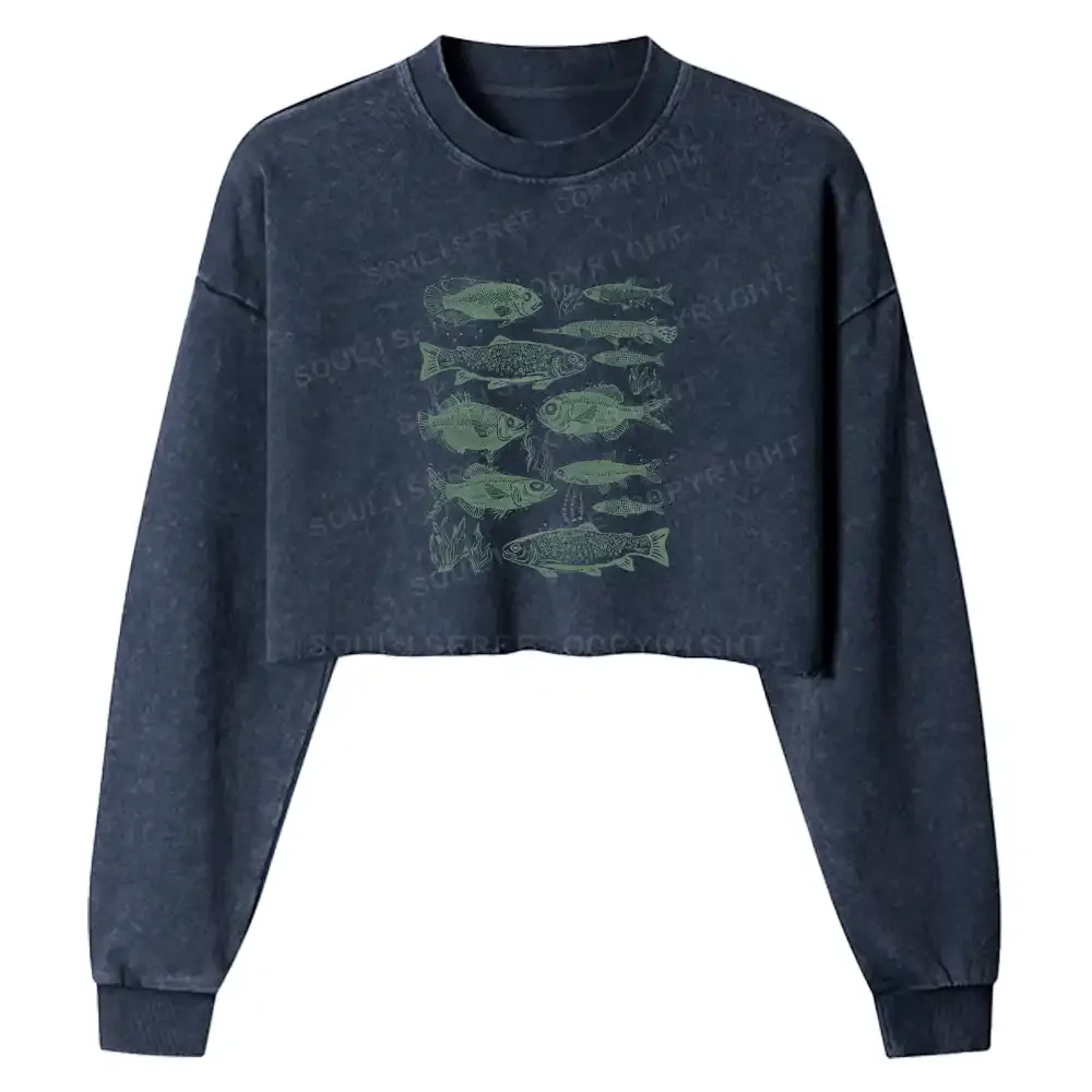 Retro Fish Washed Cropped Sweatshirt