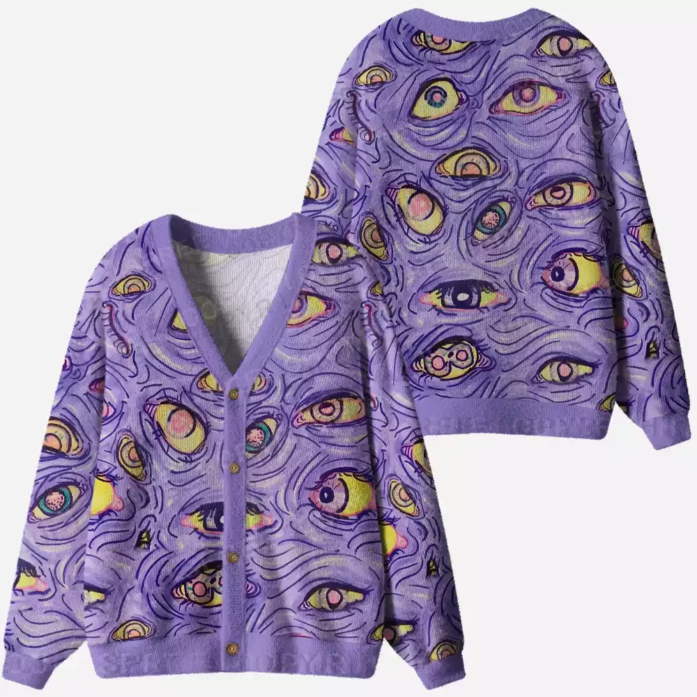 Purple-Toned Psychedelic Eye Ugly Cardigan Sweaters