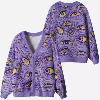 Purple-Toned Psychedelic Eye Ugly Cardigan Sweaters