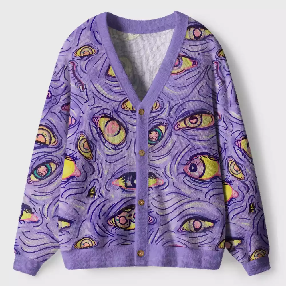 Purple-Toned Psychedelic Eye Ugly Cardigan Sweaters