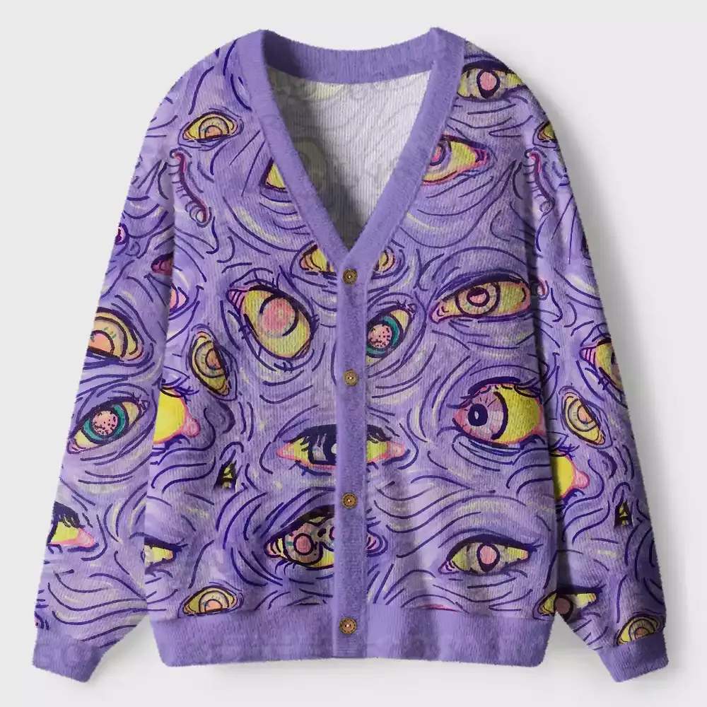 Purple-Toned Psychedelic Eye Ugly Cardigan Sweaters