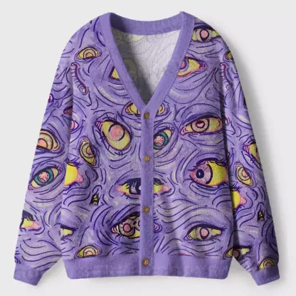 Purple-Toned Psychedelic Eye Ugly Cardigan Sweaters