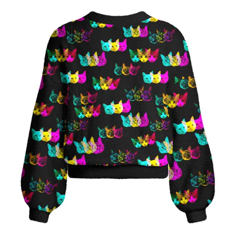 Soulisfree Glitch Art Neon Cat Women's Fuzzy Cardigan Sweater