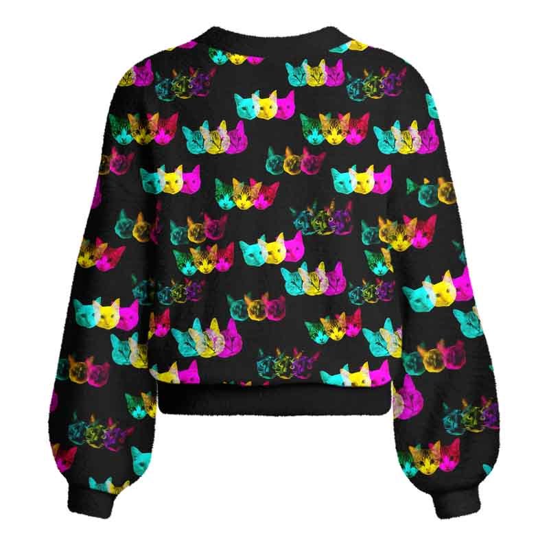 Soulisfree Glitch Art Neon Cat Women's Fuzzy Cardigan Sweater